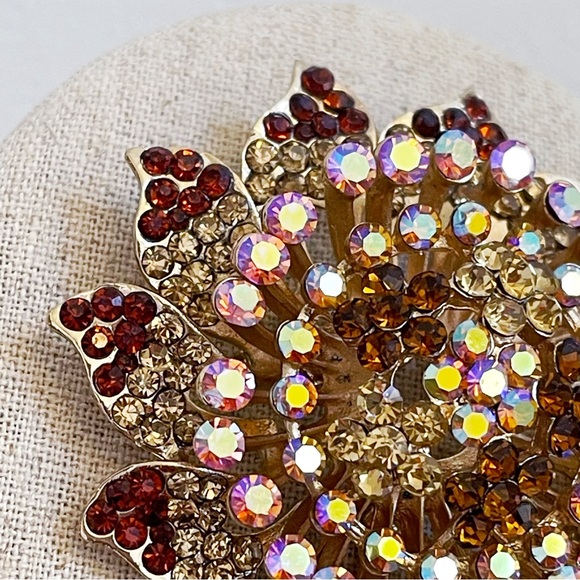 Brown & Pink Iridescent Rhinestone Large Floral Brooch 2 3/4” Statement - Picture 7 of 11